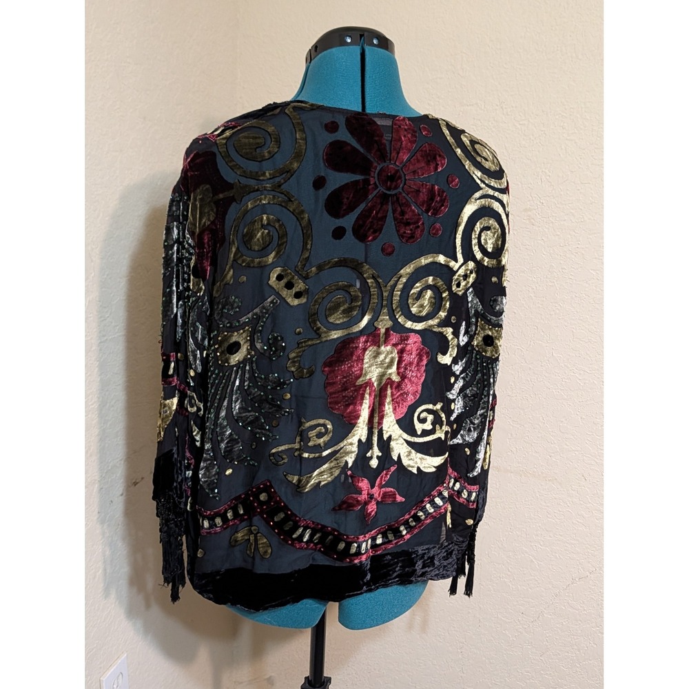 Dressbarn Collection Silk Blend Velvet Burnout Kimono Jacket Gold Burgundy M
